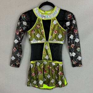 Mara Dancewear Medium Green Sequin Mesh Long Sleeve Alternative Leotard Shorts